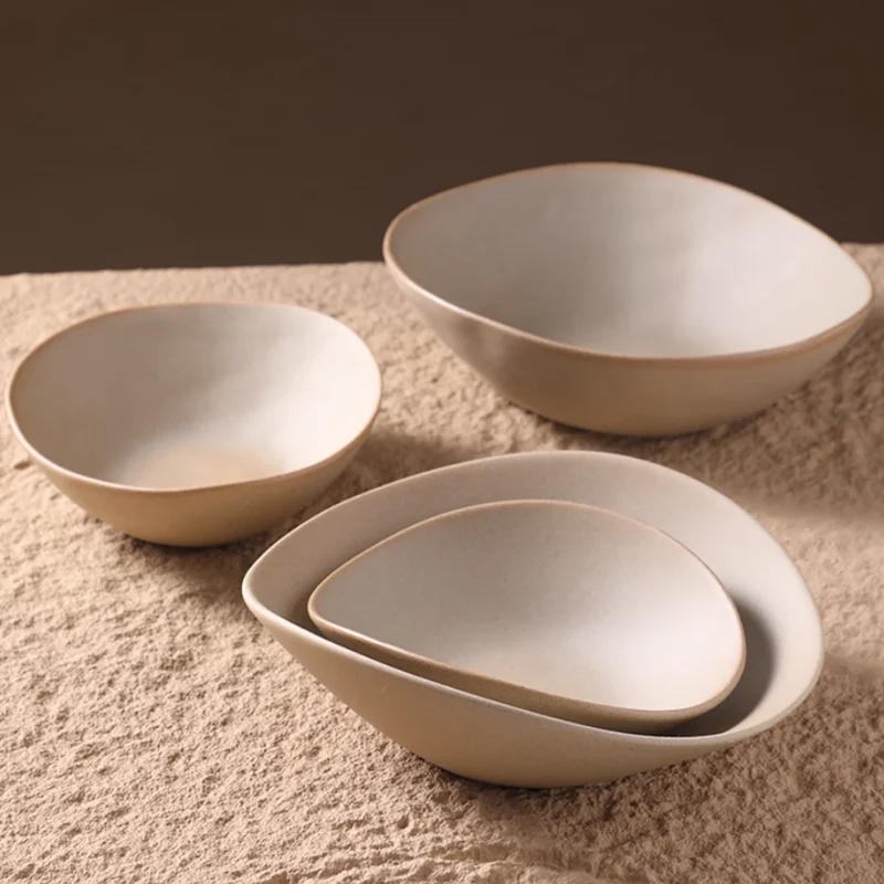 Vintage Unglazed Coarse Ceramic Soup Bowl, Noodle Bowl, Fruit Salad Bowl, Irregular Tableware, Dessert Bowl, Kitchenware