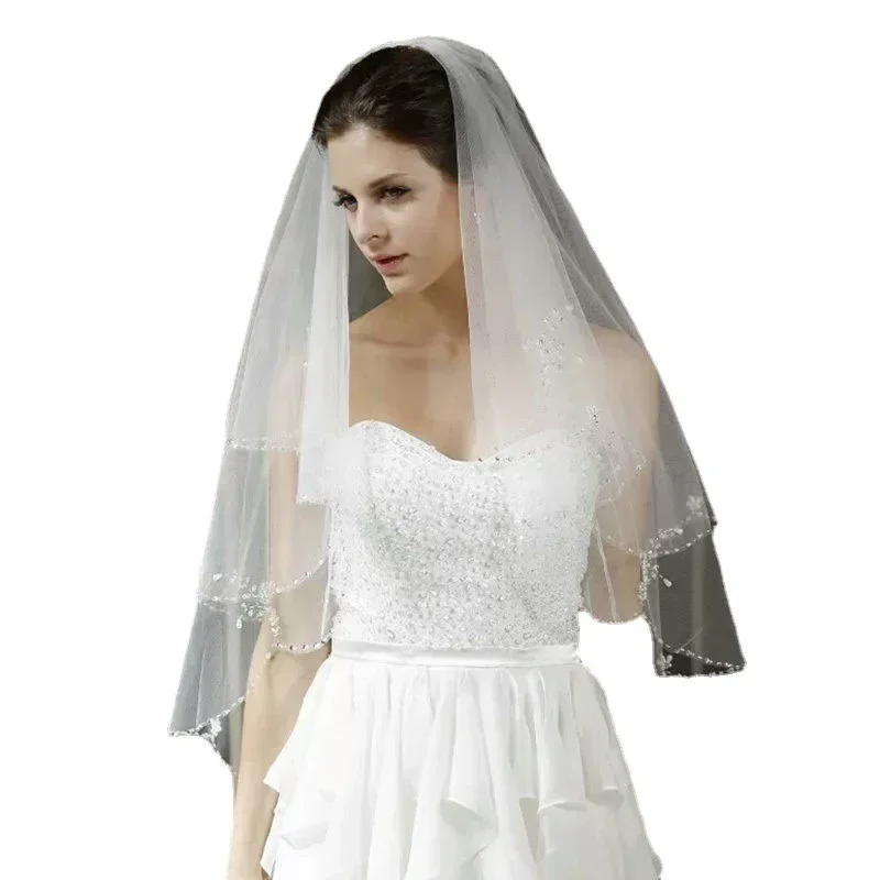 White/ Lvory 2 Tier Fingertip Wedding Veils Crystals Beaded Edge Bridal Veil with Comb