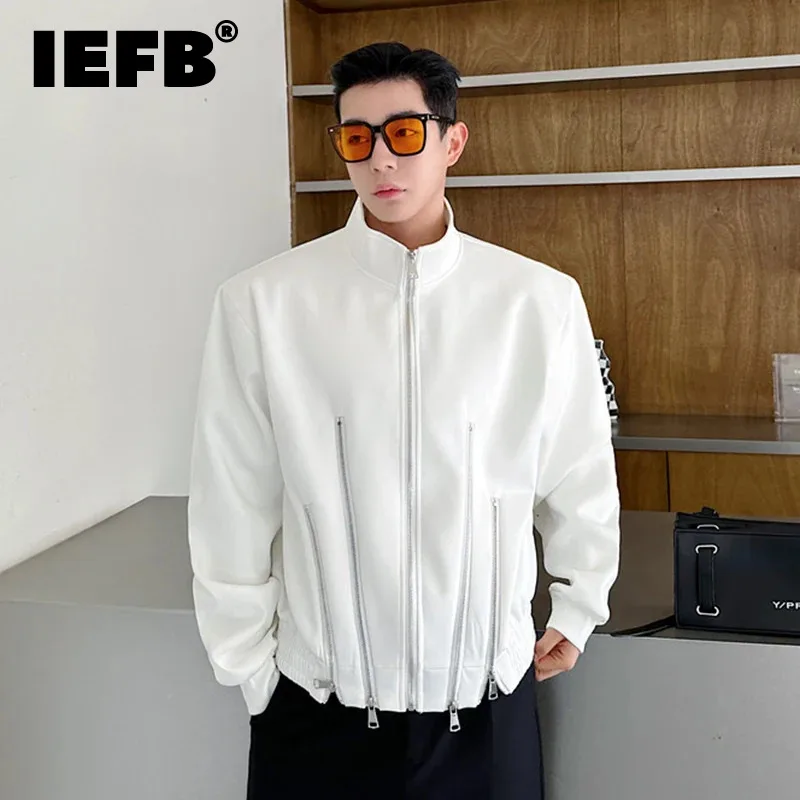 

IEFB 2024 Autumn New Fashion Men's Jacket Personalized Multi Zipper Design Short Jackets Turn-down Collar Male Top Trend 9C6978