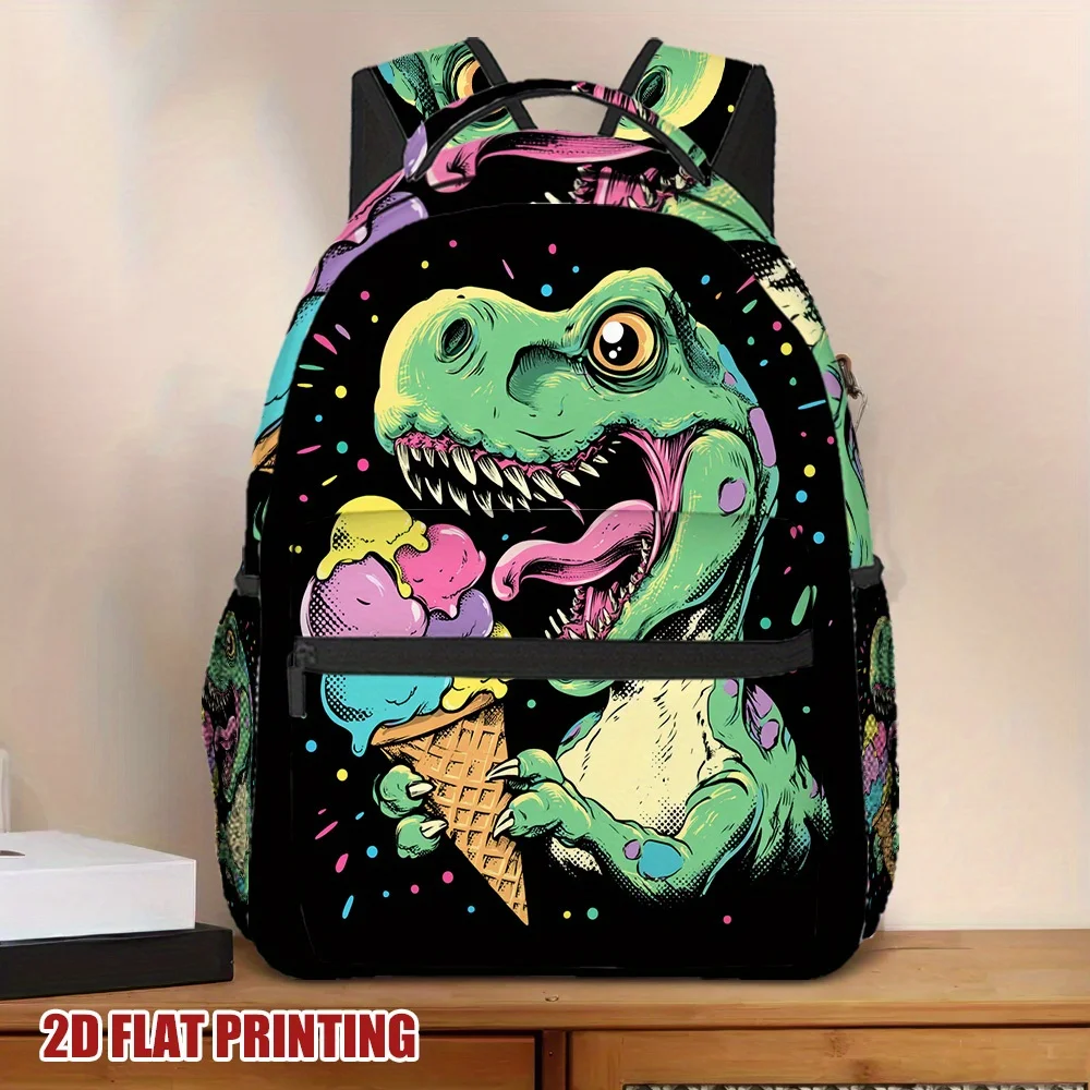 1pc Ice Cream Fiesta Backpack Vibrant Dinosaur Ice Cream Print Lightweight Durable Fabric Secure Zipper Closure