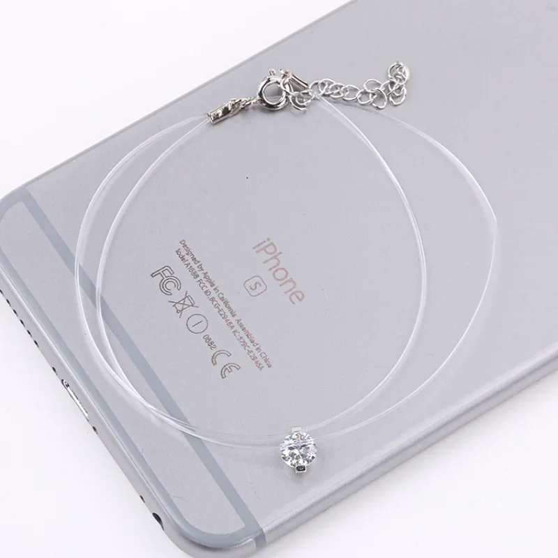 Hot Female Transparent Fishing Line Necklace Silver Color Invisible Chain For Women Rhinestone Choker Collier