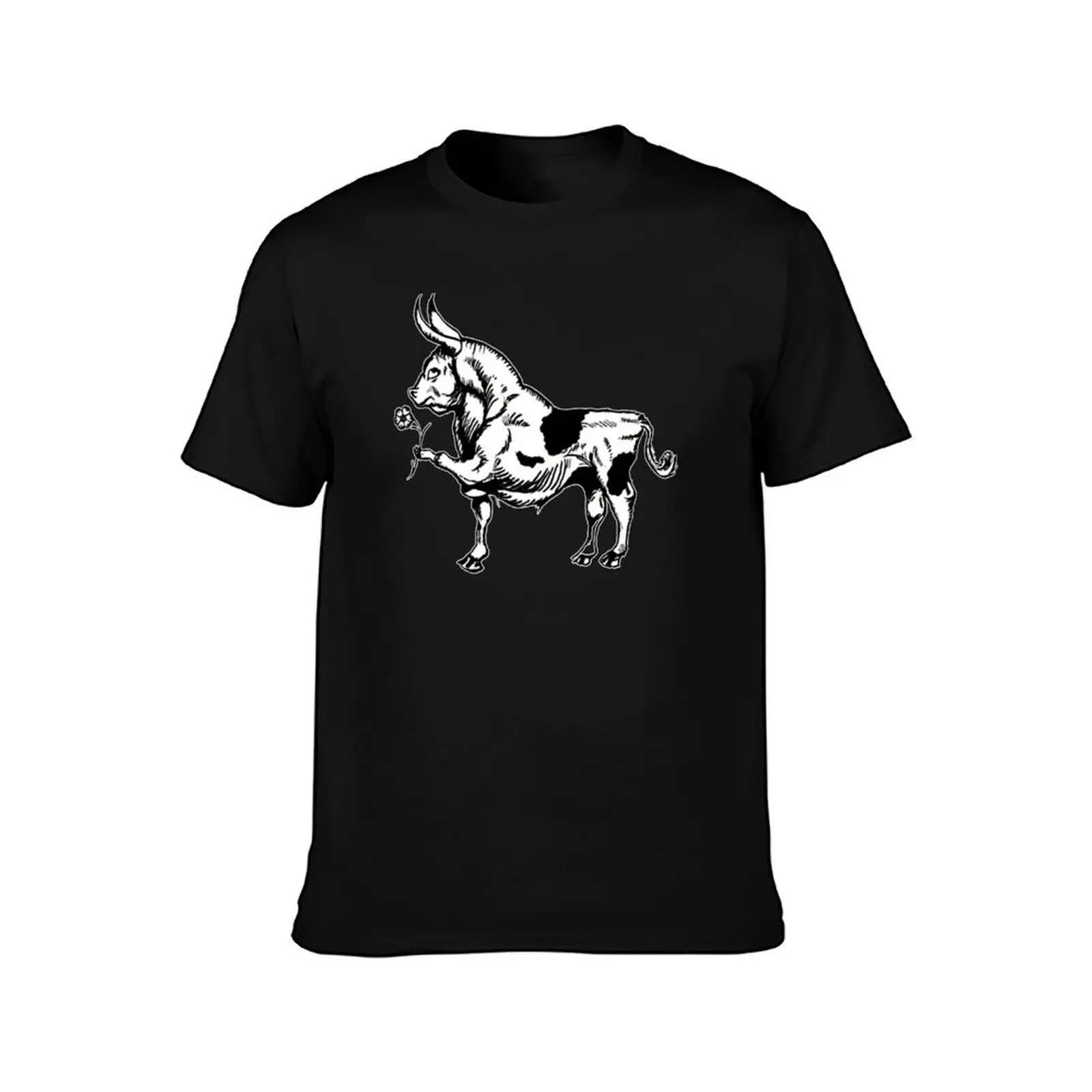 Black and White Cute Bull holding Flower Tattoo T-Shirt Casual Loose Daily Wear T-Shirt