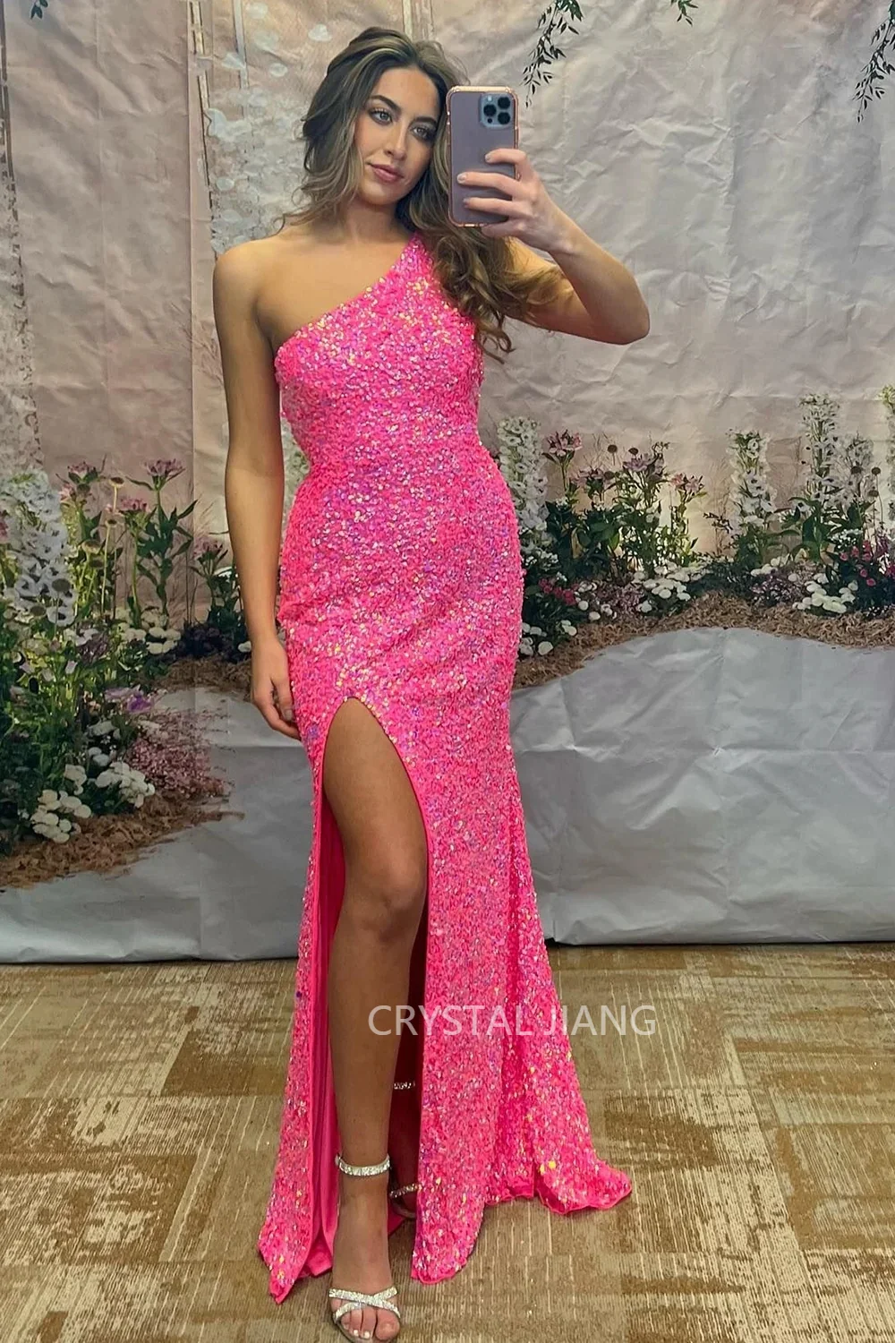 

Sexy Long Pink One Shoulder Sequin Prom Dresses Sleeveless with Side High Slit Mermaid Sweep Train فساتين الحفلات for Women