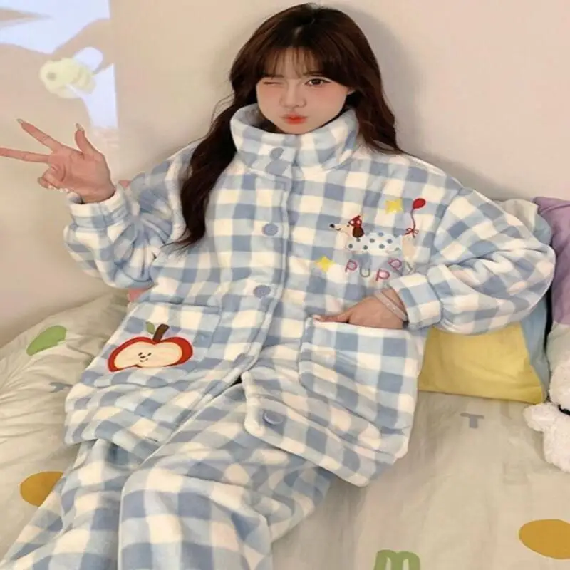 

Female Comfortable Sleepwear Women's New Pajama Set Autumn Winter Thick Two Piece Home Clothes Coral Fleece Flannel Cardigan