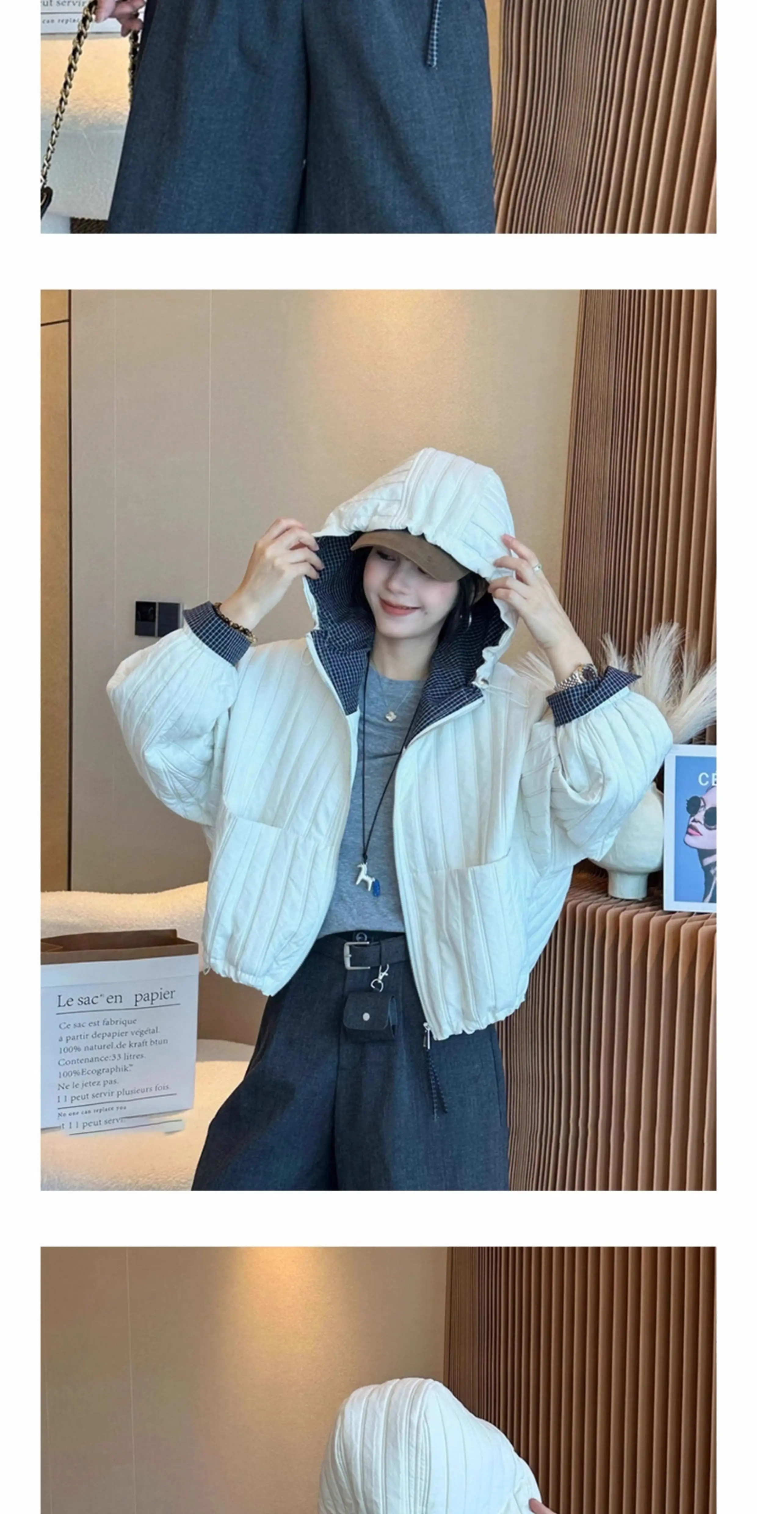 Korean Loose Hooded Plaid Patchwork Quilted Coat for Women Autumn Winter Casual Cotton Padded Jacket Women Zip Up Cropped Parkas