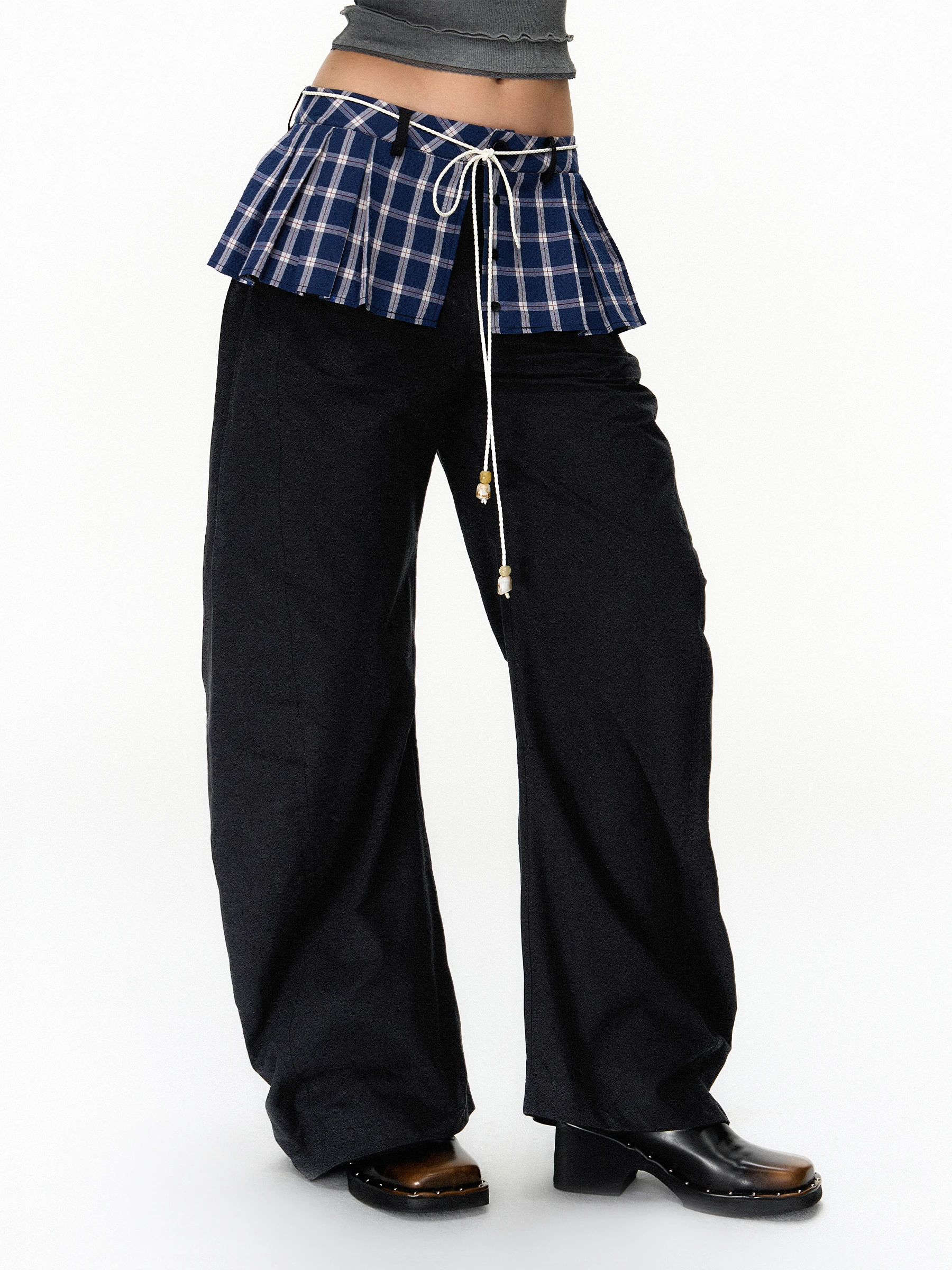 الأزرق منقوشة فقاعة القماش خليط طبقات سكين مطوي السراويل واسعة الساق تخفيف Sle الرجعية القطن 00% l الخصر السراويل الطويلة #2