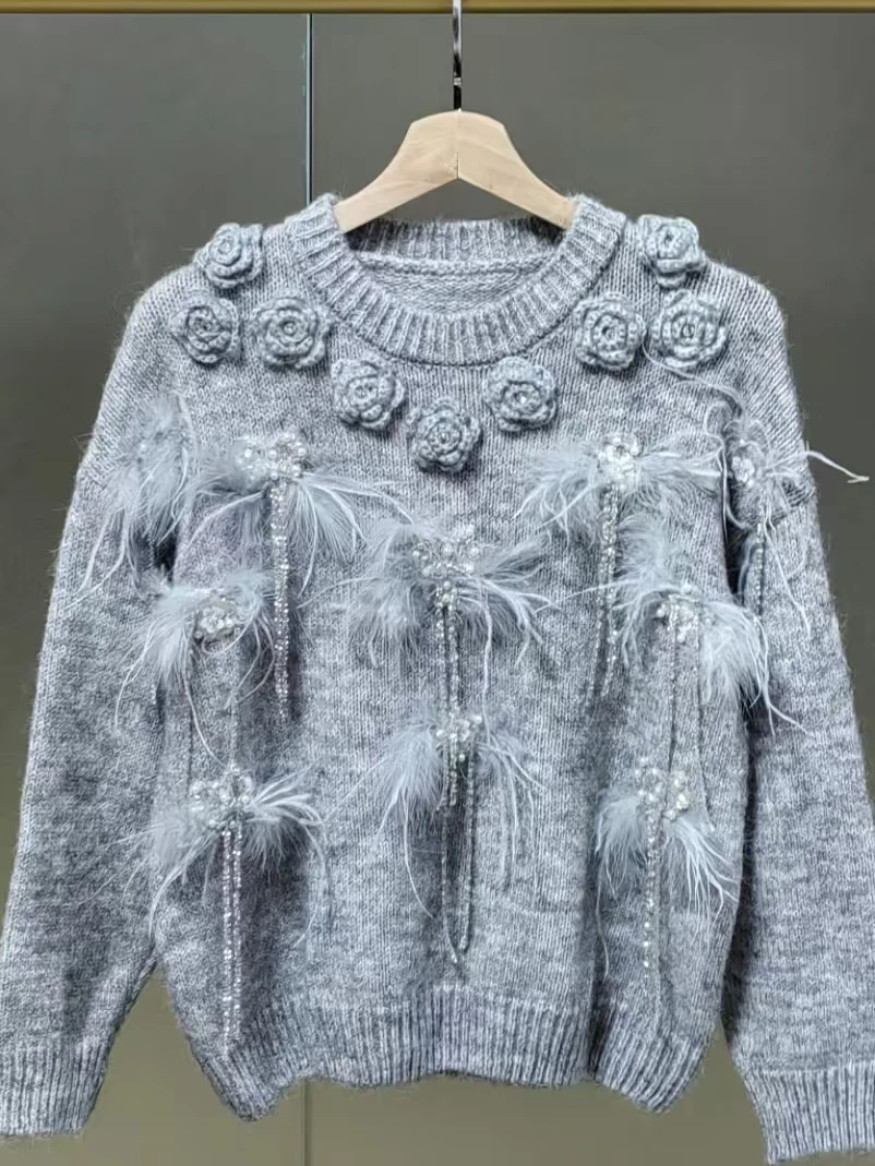 High-end Autumn Winter Wool Blended Ostrich Fur Crystal Tassel Stitch Sweater Women's Knitwear Pullover Outwear Knitted Tops