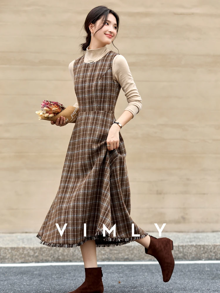 

VIMLY Autumn Plaid Dresses 2025 Woman Vintage Brown Sleeveless O-neck Long Dress Casual Tassel Hem A-Line Vest Lady Dress A2969