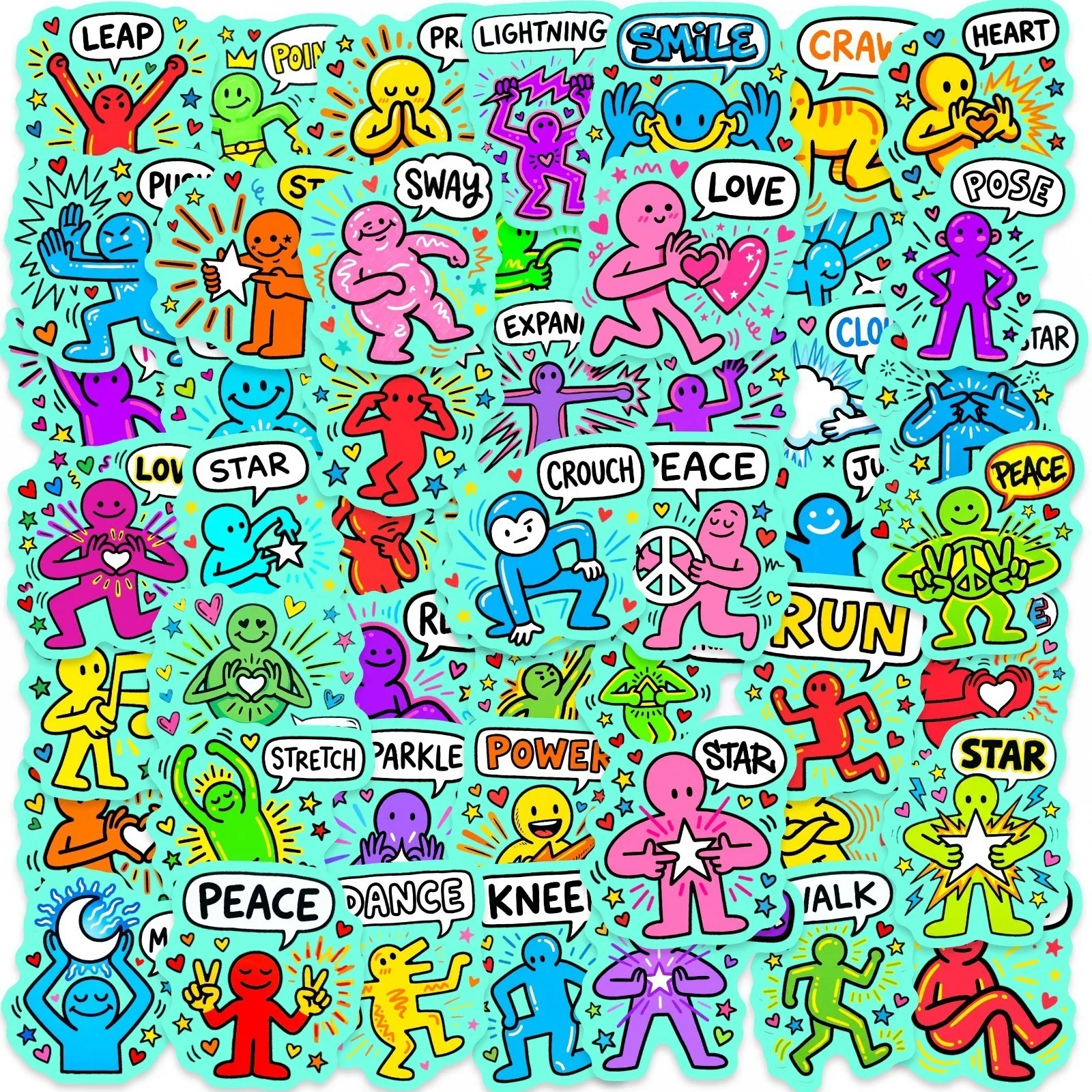 50 Stück Fluoreszierende Kleine-Figuren-Graffiti-Aufkleber Lustige Aktions-Sticker für Computer, Notizbuch, Schreibwaren, DIY-Spielzeug, Geheimnisse ﻿