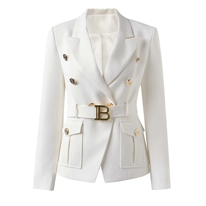 Factory Customize Luxury Quality Classic Style Office White Black Women Pocket Blazers with Blet