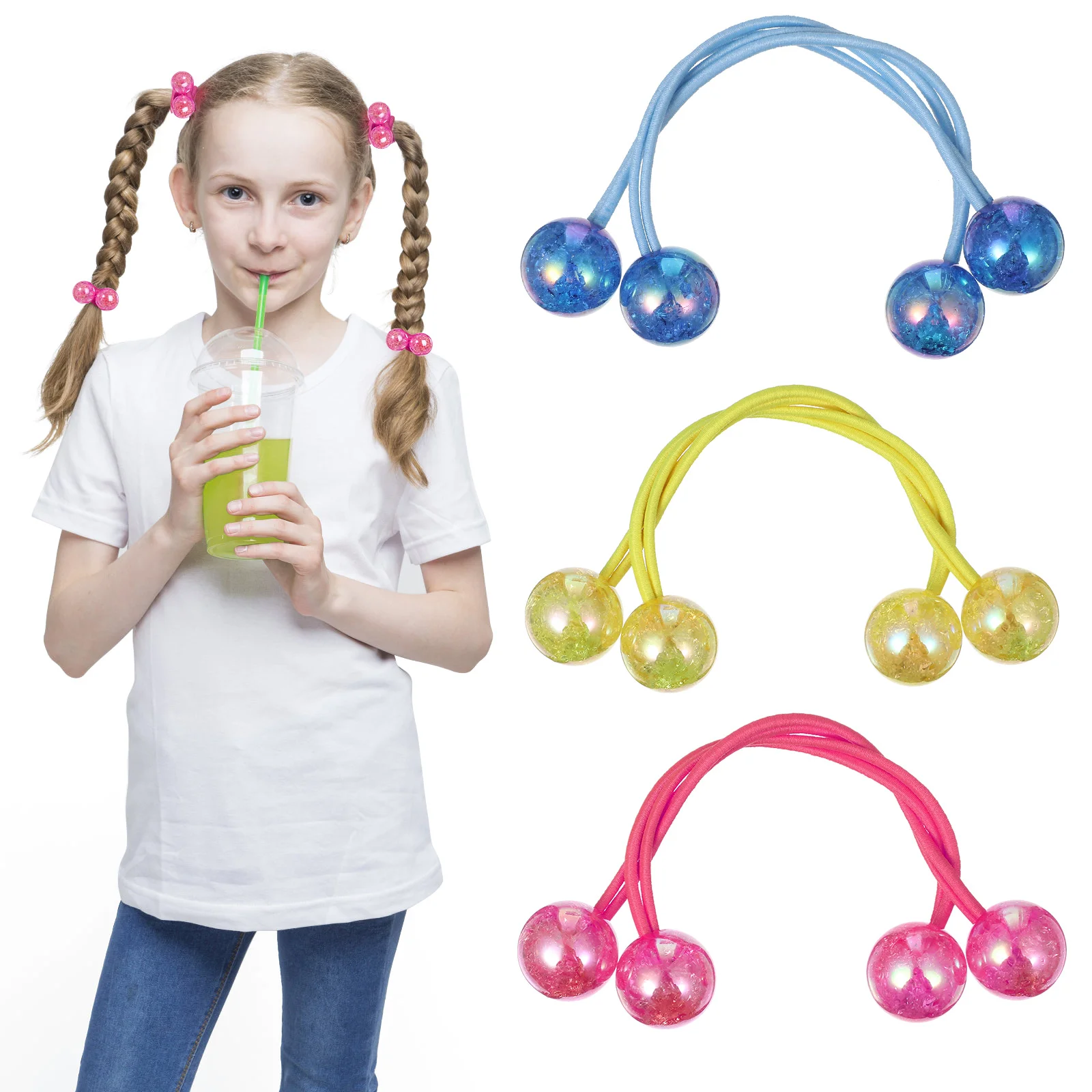 

3 Pairs Headband Toddler Hair Ribbons Elastic Ties with Balls Collection Snap Clips Bands