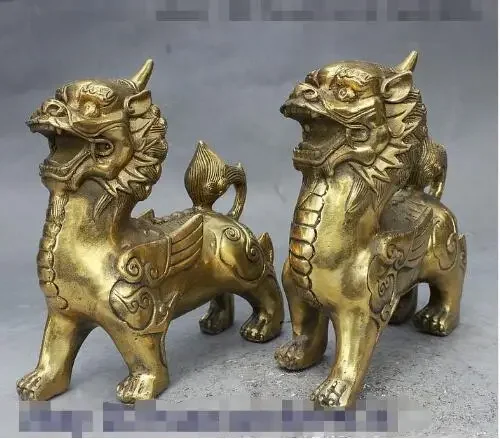 Folk Fengshui China Brass Fly Dragon Unicorn Beast Lion Guard Animal Statue Pair