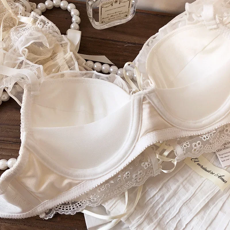 Set reggiseno in rete di pizzo ricamato fata giapponese per ragazze senza ferretto raccoglie seni piccoli sulla parte superiore della biancheria intima da donna