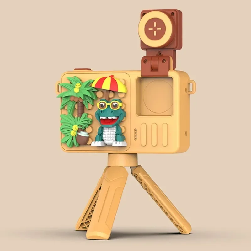 M1 crianças bloco de construção câmera 48mp hd flip lente com suporte, haste brinquedo educativo presente para idades 3-14 fotografia digital starter