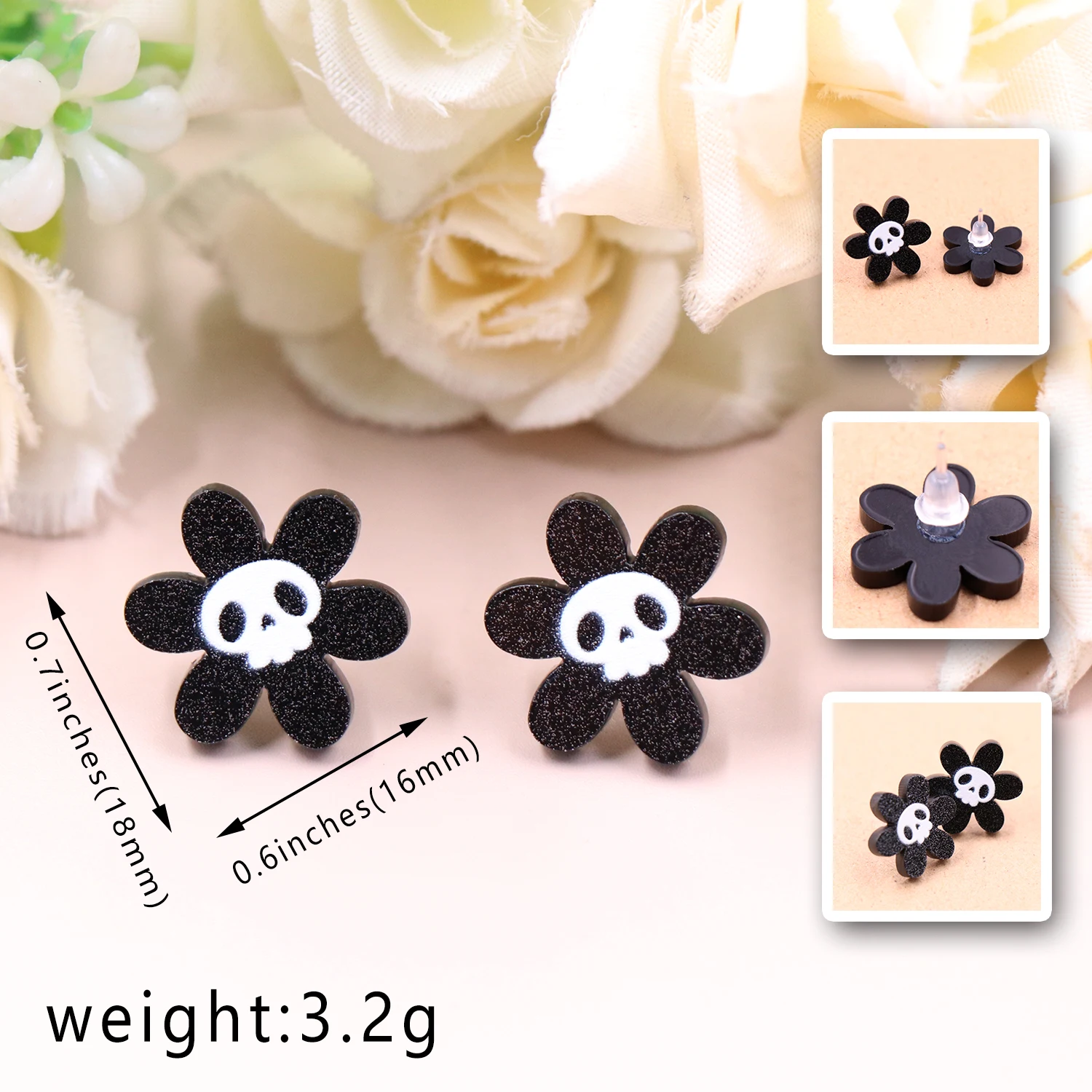 2022 New Flower Skull Stud Earring Black Glitter Halloween Earrings Acrylic Jewelry For Holiday Gift