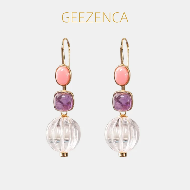 GEEZENCA Amethyst Pink Mother of Pearl White Crystal Ball Dangle Drop Earrings Women 925 Silver Trendy Long Earring Luxury Gift