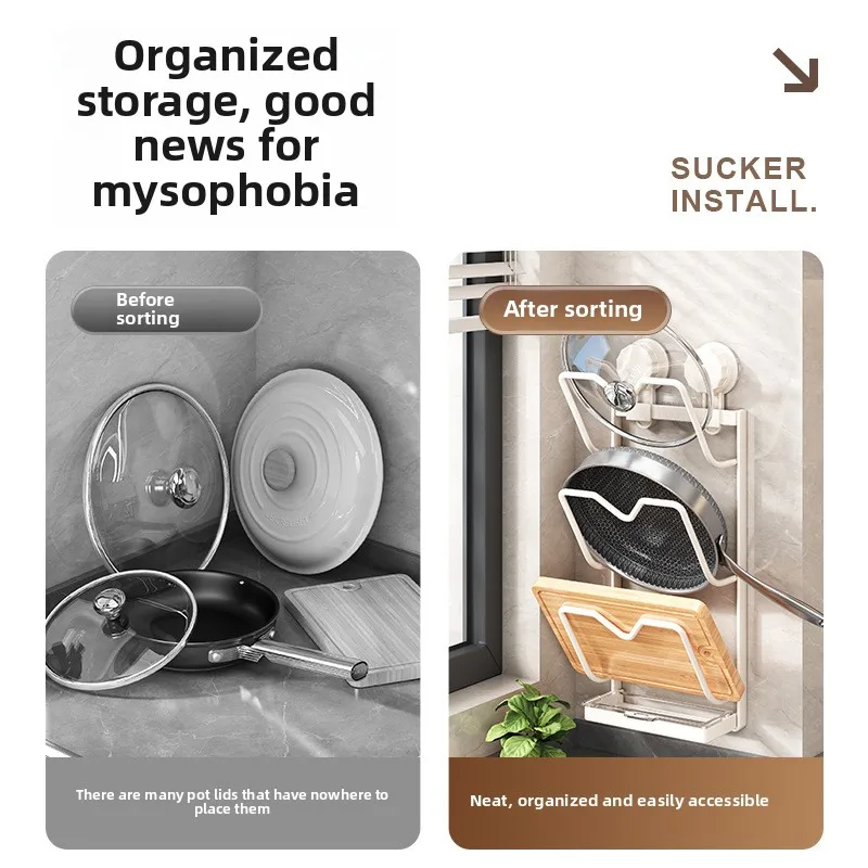 

Suction Pot Lid Holder No Drill Kitchen Organizer for 3+ Lids, Space-Saving Cookware Storage with Drain Tray Kitchen Accessories