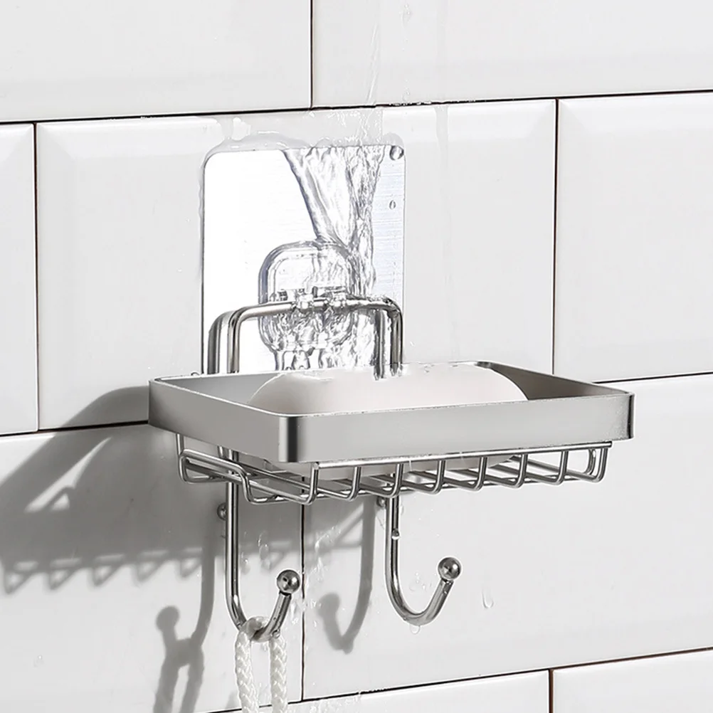

Stainless Steel Soap Holder With 2 Hooks Drainable Design For Shower Bathroom Organizer Soap Dish Tray Box