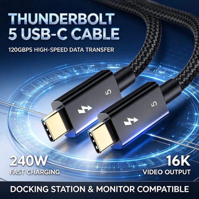 Thunderbolt 5 Cable 120Gbps Data Transfer, 240W Fast Charging 16K Video Output, USB4 Full-featured Compatible For Macbook Laptop