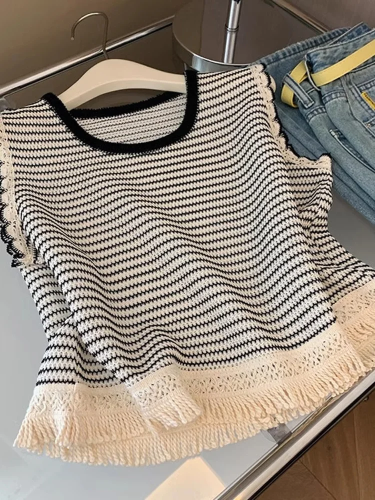 Korean Style round Neck Striped Fringed Knitted Sleeveless Vest Women's Summer New Loose Slimming Top Comfortable Breathable