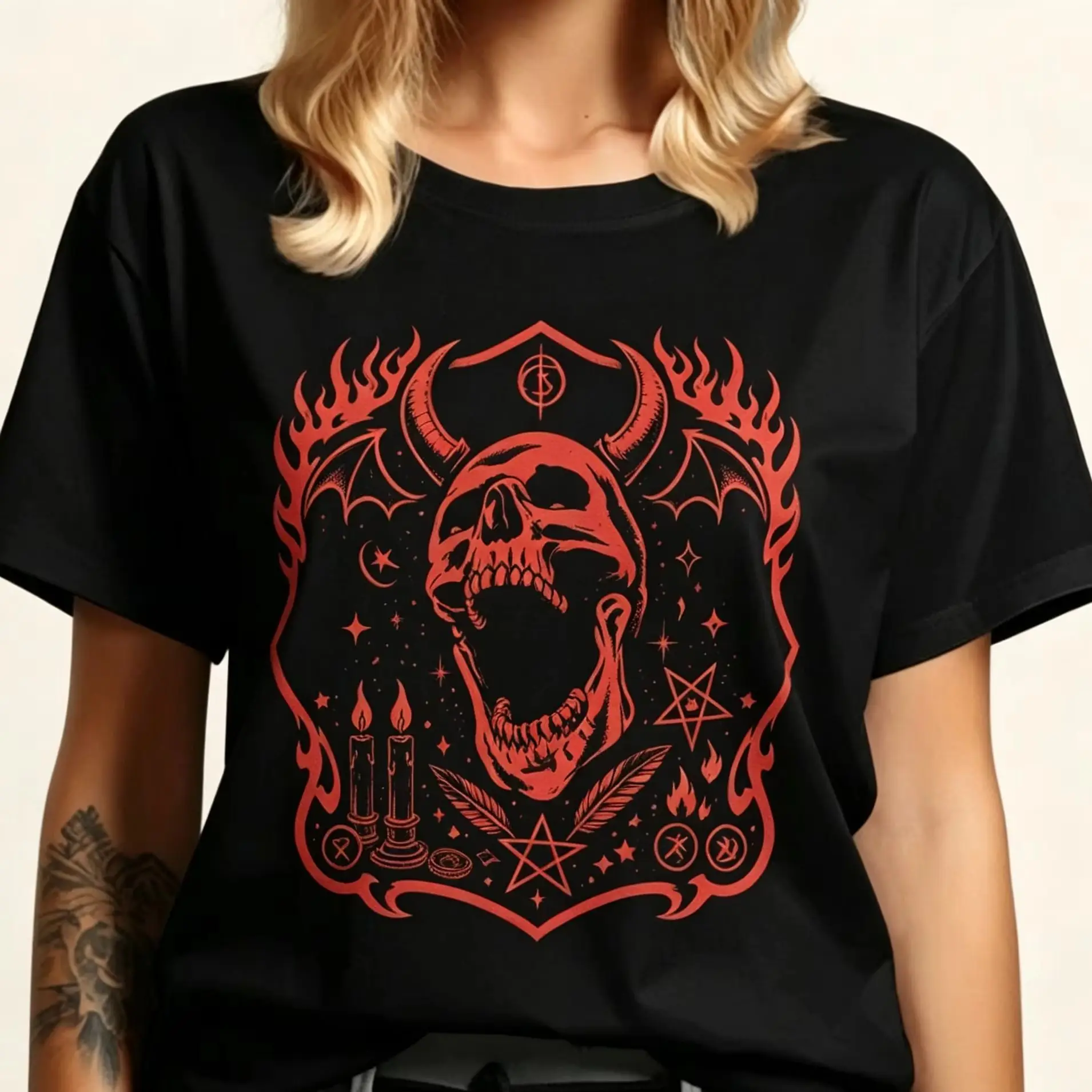 Red Occult Demon Skull Pentagram Candle Graphic T‑Shirt, Gothic Dark Witchy Mystic Art Women Casual Short Sleeve Tee