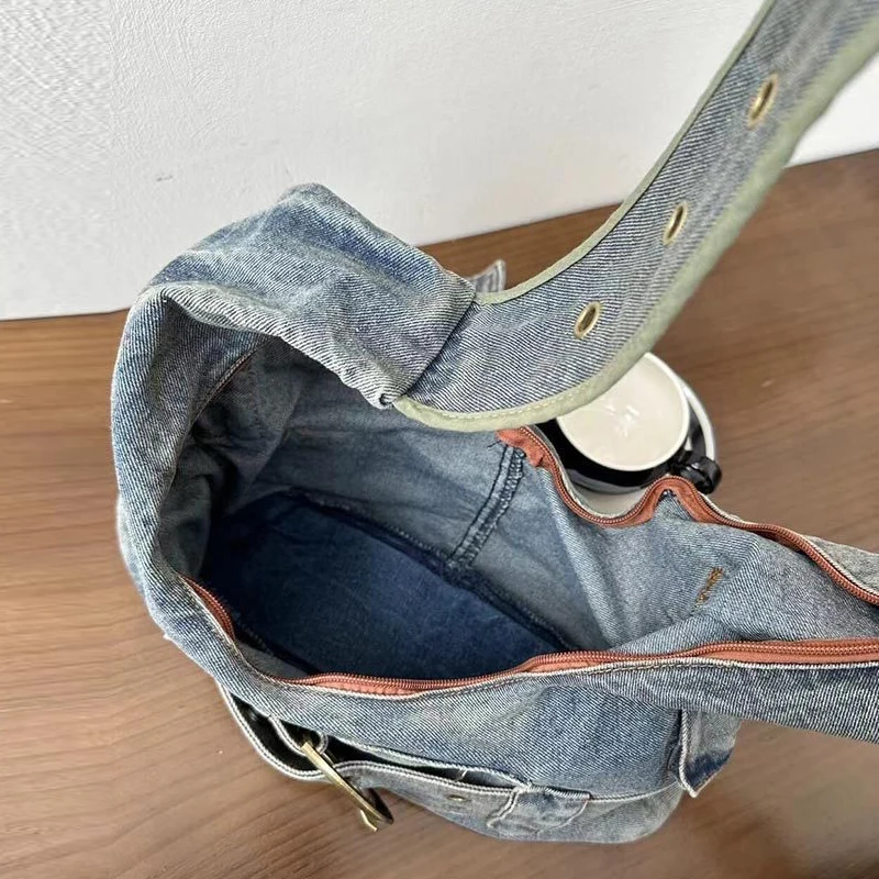 Moto & Biker Denim Stoffbeutel für Frauen Luxus Designer Handtaschen Geldbörsen 2024 neu in Vintage Wasch prozess Gürtels chnalle Schulter