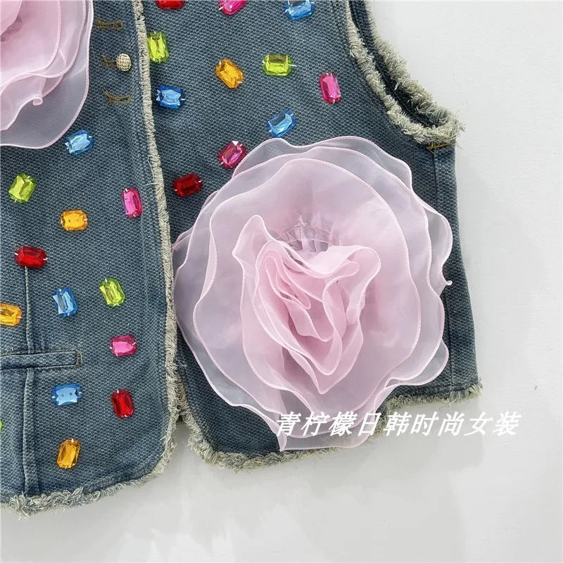 Pink Flower New2024 Retro girocollo gilet Chic Burr cristalli colorati Design Sense Jacket Coat senza maniche con scollo a v Denim gilet