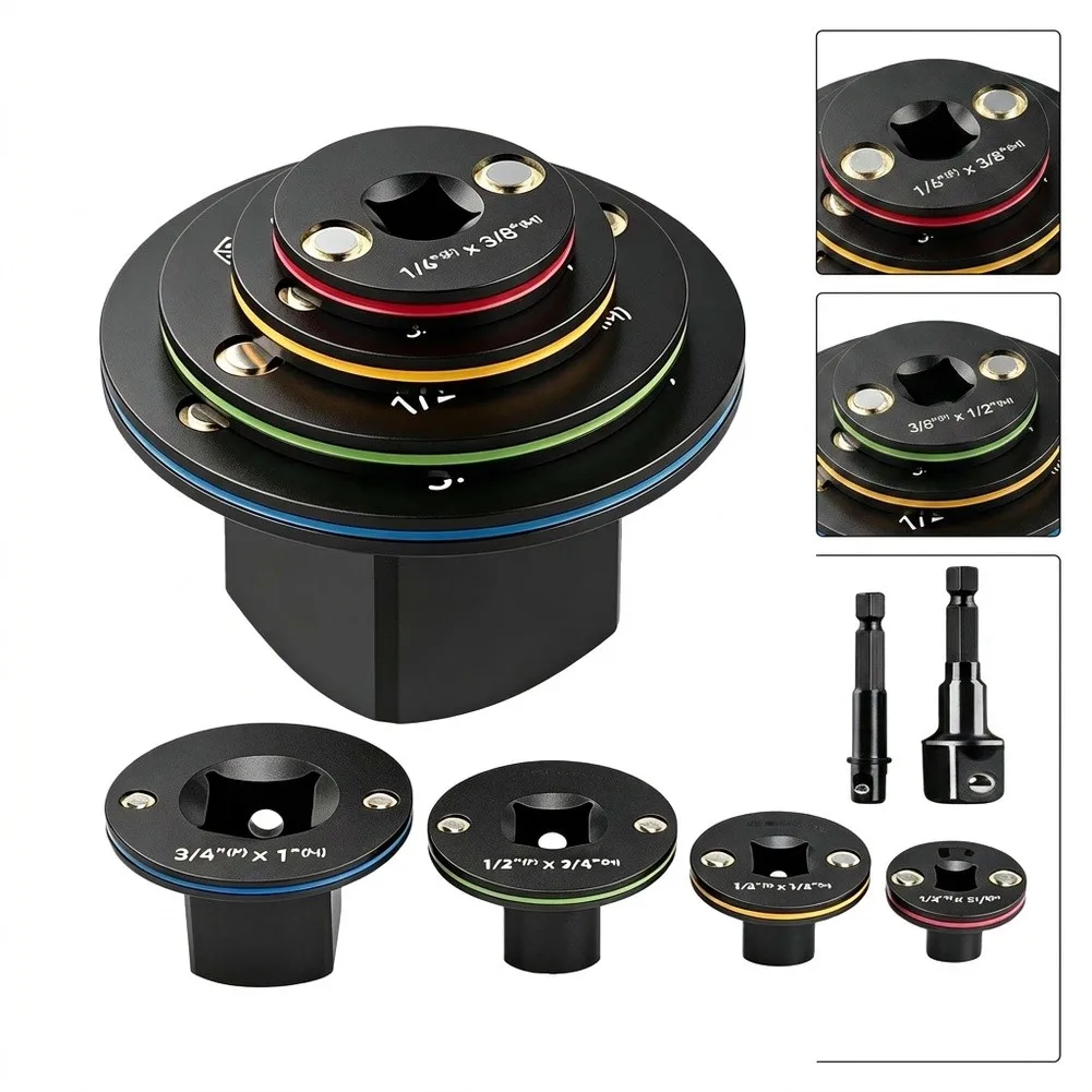 4-in-1 Socket Adaptor Set with Alloy Steel Construction Color Identification Rings and 1/2 inch 1/4 inch Extension Tools