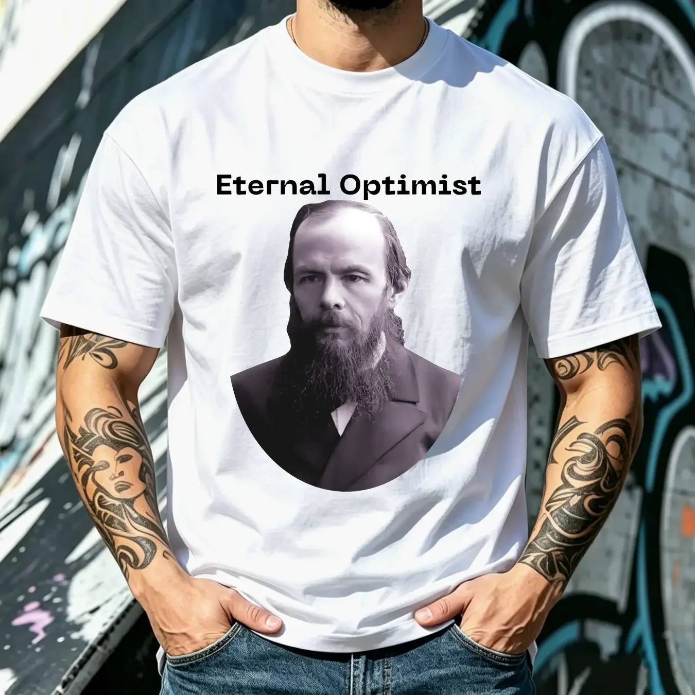 washed T Shirt The Eternal Optimist Fyodor Dostoevsky Classic Literature for Book Lovers Deep Thinkers long or short sleeves