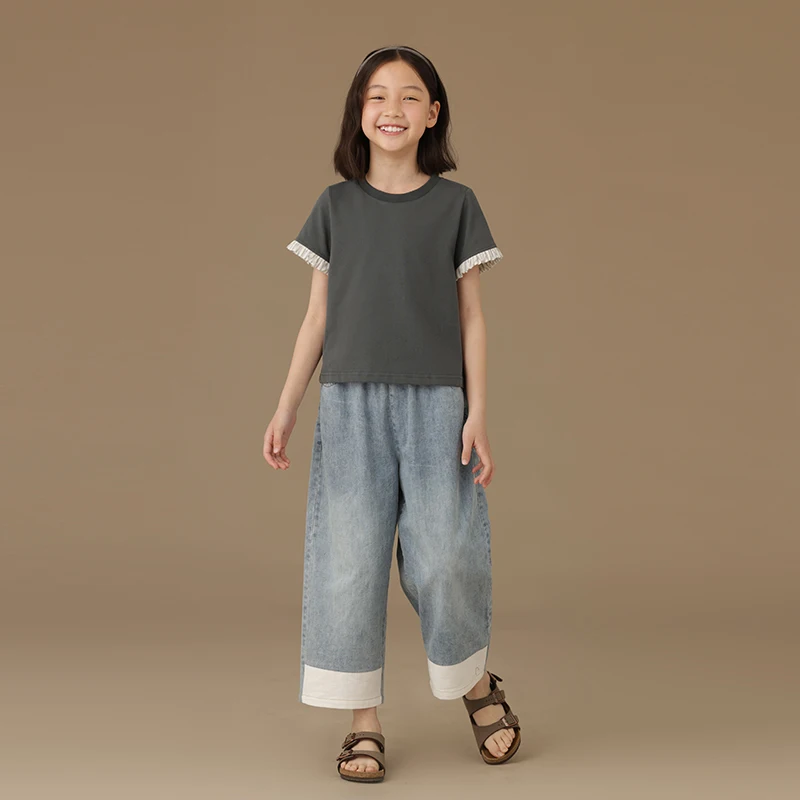 Vêtements gris foncé à manches courtes pour enfants, vêtements d'été pour filles, minces, polyvalents, amples, col rond