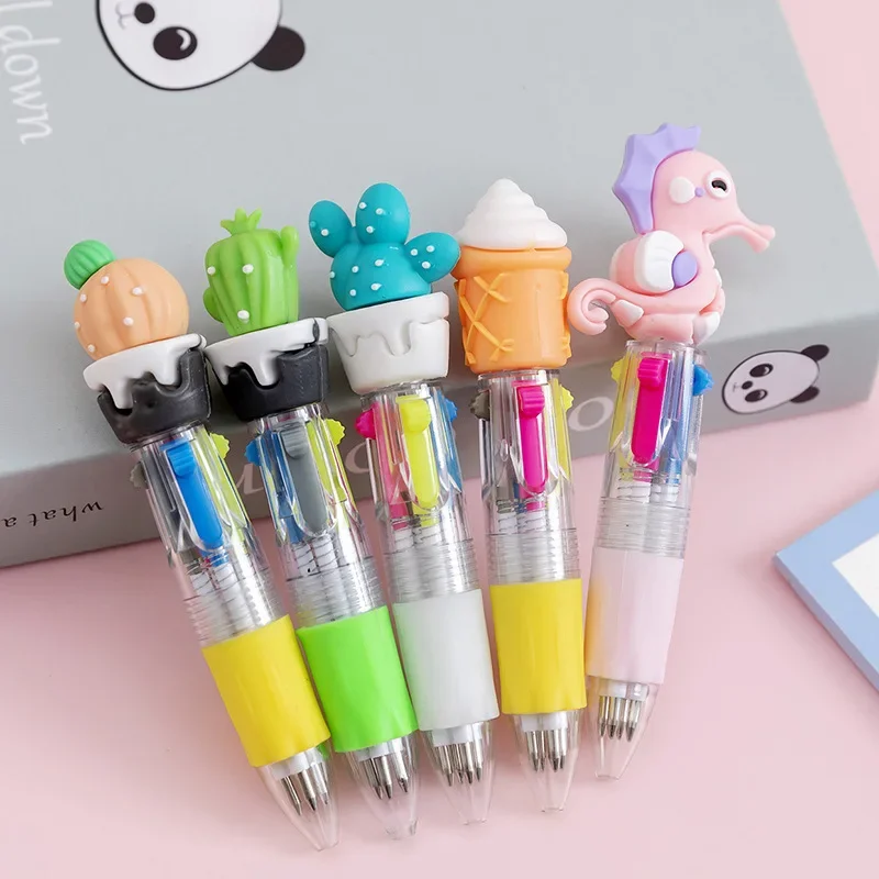 20Pcs/Lot Kawaii Cartoon Mini 4 Colors Ballpoint Pens Multicolor Press Pen Hamburg Cactus Unicorn Kids Stationery School Gifts