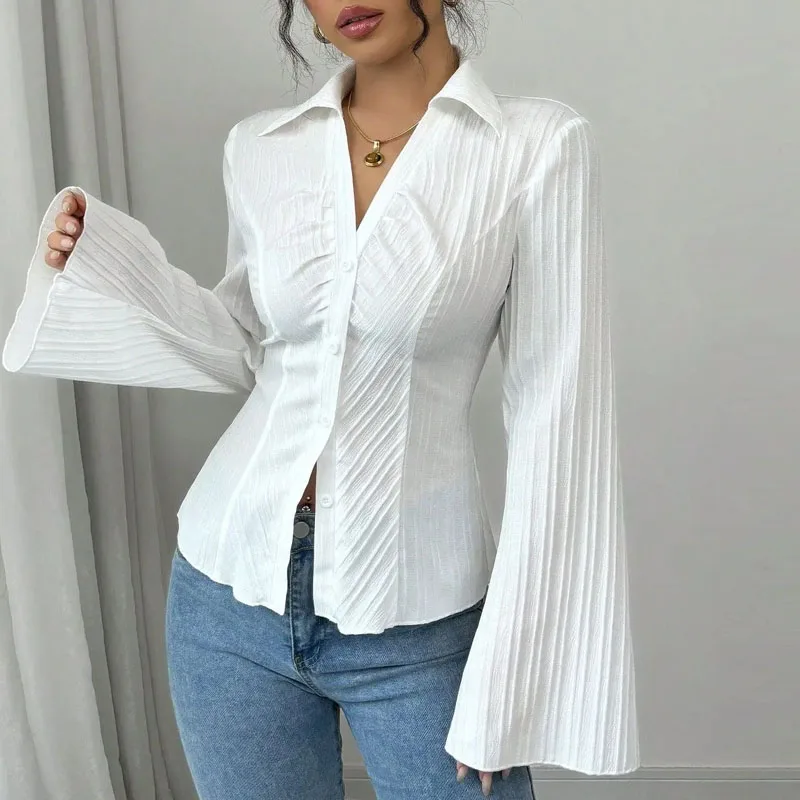 Fashion Turn Down Collar Women Shirt Blouse Long Sleeve Slim White Shirt Blouse Women Tops Camisas Blusa Camisas De Mujer Q881