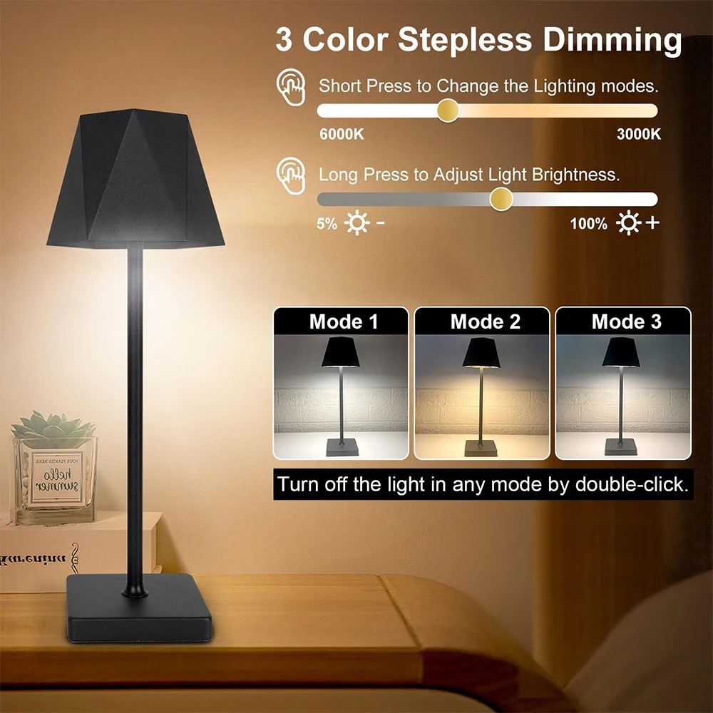 Cordless LED Desk Lamp Touch Control Wireless Table Lamps USB Rechargeable 3 Color Stepless Dimming Atmosphere Lights