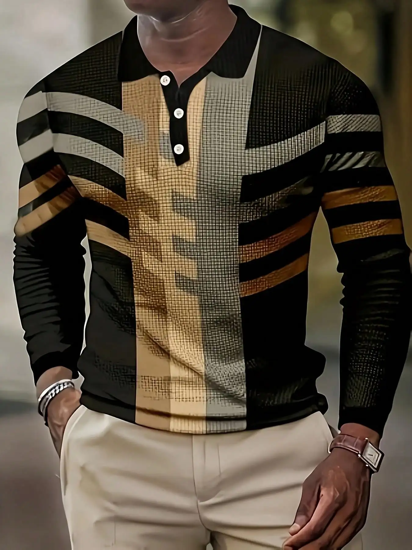 

Men's Long Sleeve Graphic Polo Shirt - Striped Geometric Print, Casual All-Season Wear