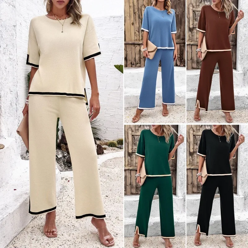 

2024 Spring Summer fashion women casual short sleeve knitted suit two piece set women womens sweat suit sets