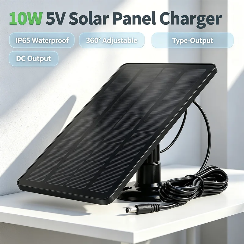 10W 5V Type-C Solar Panel Waterproof Charger, 360° Mount Solar Power Supply for Outdoor Security Camera Garden LED Light