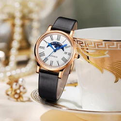 KINROS Original Luxury Swiss Movement Dome Type Mirror Quartz Waterproof Fashionable Leather Strap Moon Phase women's Watch