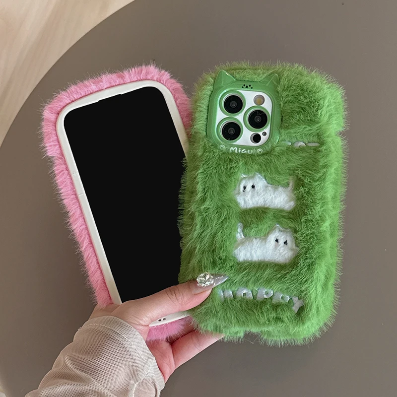 Luxury Plush Warm Cute Kitten Embroidery Quakeproof Cover Case For iPhone 16 ProMax 15 Plus 14 Pro 13 Pro Max 12 11 Case