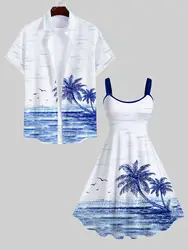 vestidos de talla grande Plus Size Matching Hawaii Beach Outfit For Couples Tropical Sea Coconut Tree Seagull Cloud Printed