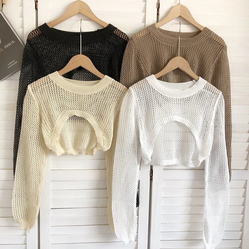 OUMEA Women Pointelle Sweater Knit Tops Summer Long Sleeve Cropped Beach Cover Up Plain Color Curve Hem Chic Casual Tops