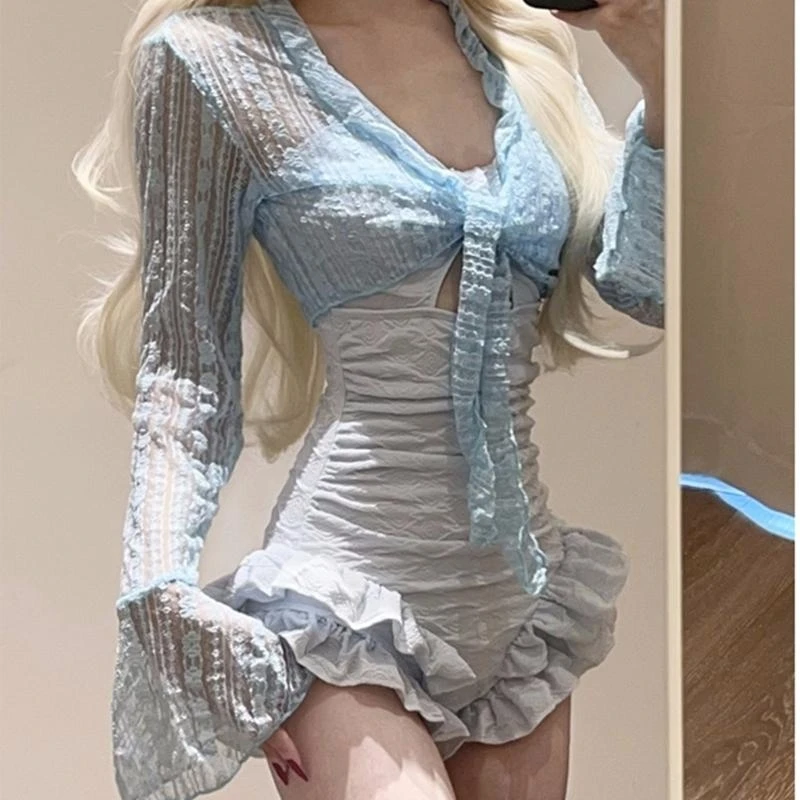 

Women Tummy Controlled Ruffle Swimsuit with Long Sleeve Beach Coverup Crop Top