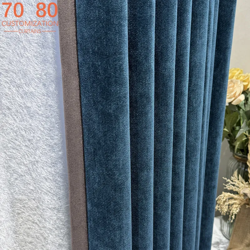 Lake Blue Color Contrast Thickened Chenille Mosaic Blackout Curtains for Bedroom Living Room Balcony Customized French Window