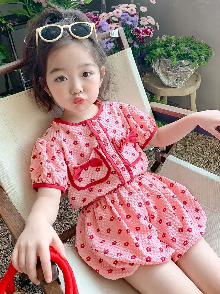 Children Girls Summer Fashion Clothing Set 2023 Baby Girl Bowknot Floral Blouse Tops + Shorts Two-piece Clothes Suits