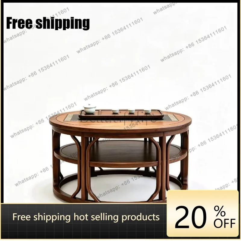YJ New Chinese Style Solid Wood Round Coffee Table Double-layer Storage Black Walnut Living Room Home Tea Table