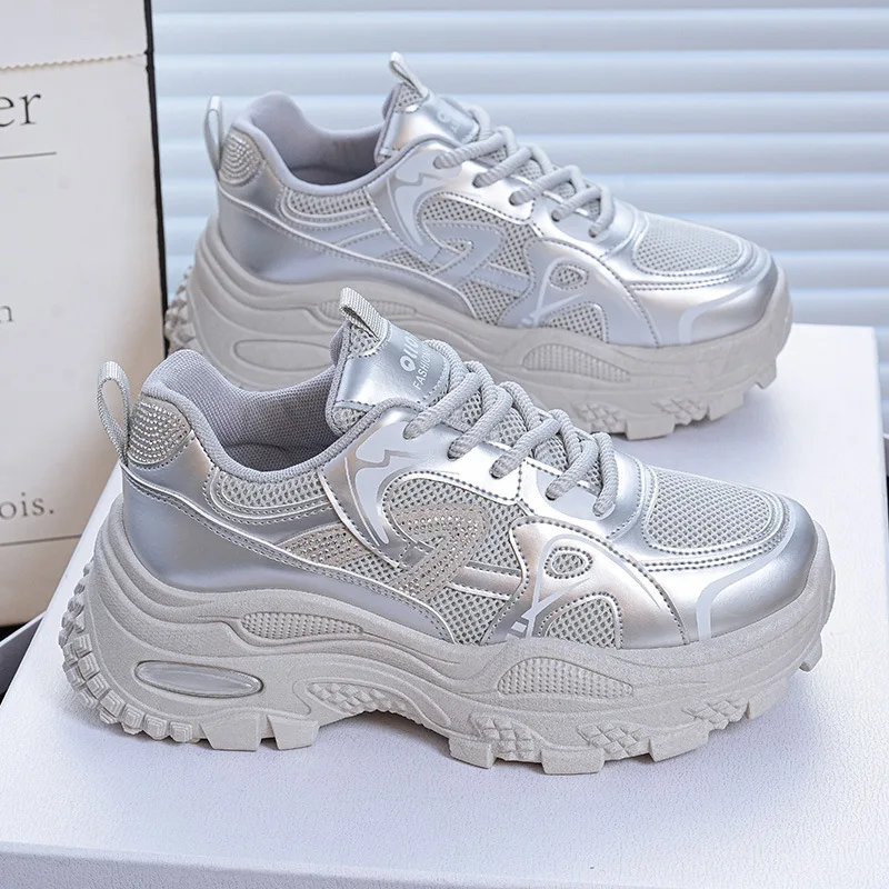 

Осень 2023, женская модная дышащая сетчатая обувь для папы, корейский стиль, кроссовки на платформе на массивной подошве, повседневная прогулочная обувь