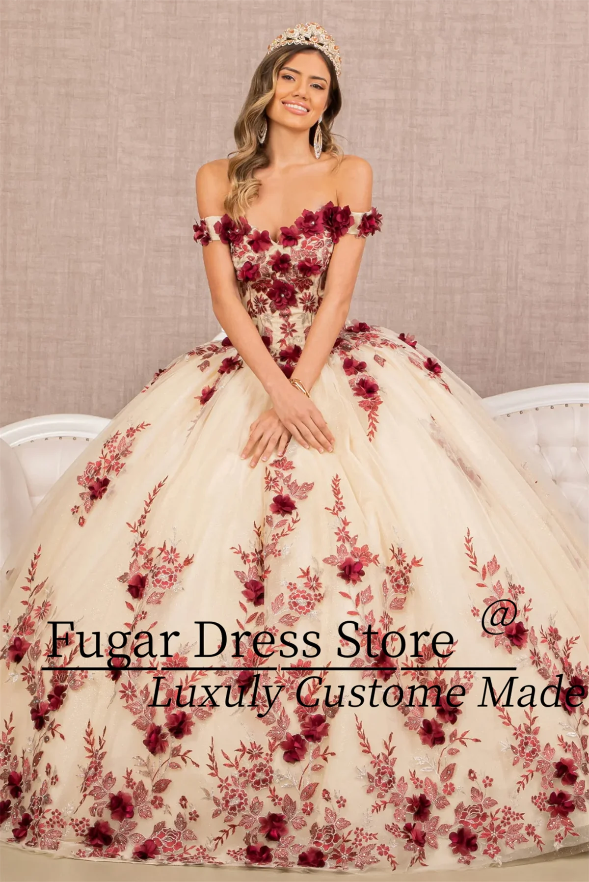 Belle robe De Quinceanera personnalisée, broderie florale 3D, épaules dénudées, en maille, longueur au sol, robe De bal