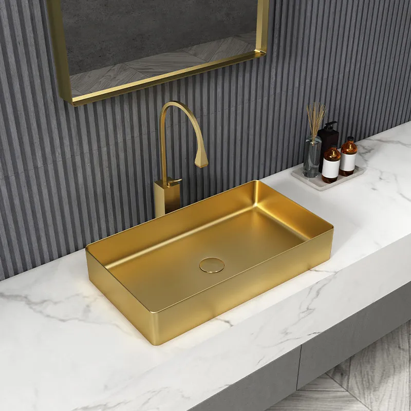Golden rectangular stainless steel countertop basin Light luxury wash basin Single basin Nordic black wash