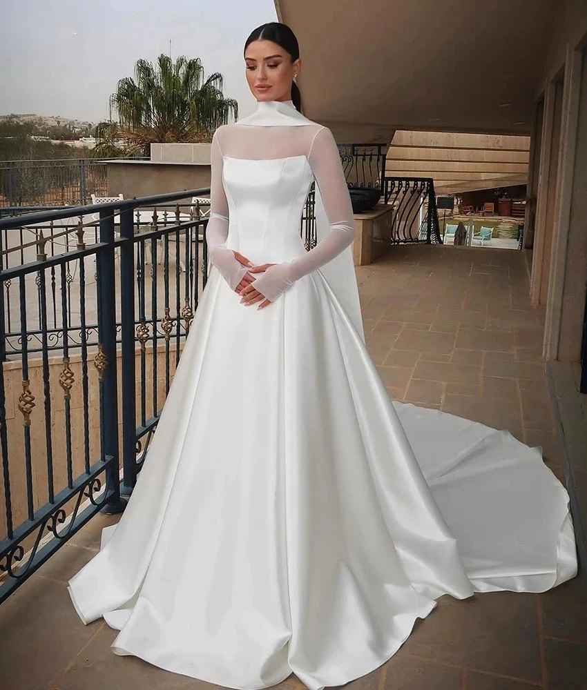 ชุดราตรีทรงเอไลน์ผ้าซาตินเนื้อละเอียดสั่งตัดพิเศษ คอสูง แขนยาว ยาวกรอมพื้น สำหรับงานแต่งงาน  รับตัดตามไซส์