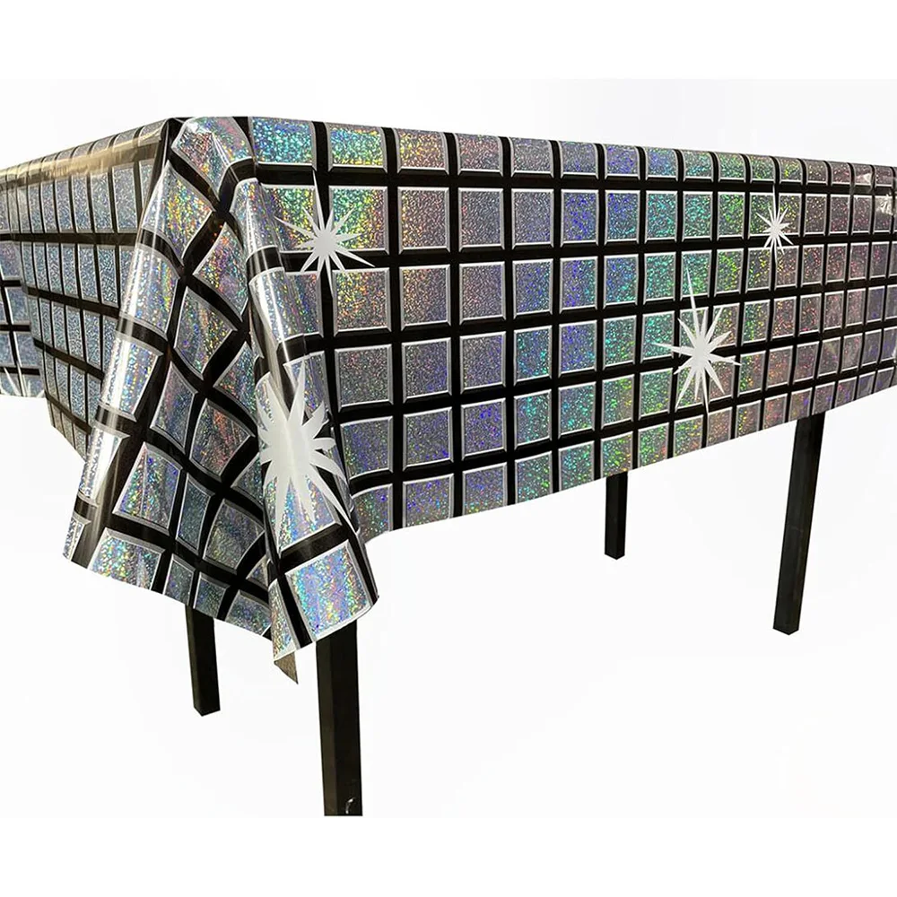 Holographic Disco Ball Tablecloth Laser Silver Table Cover for 70s 80s Party Birthday Wedding Bar Nightclub Table Decorations