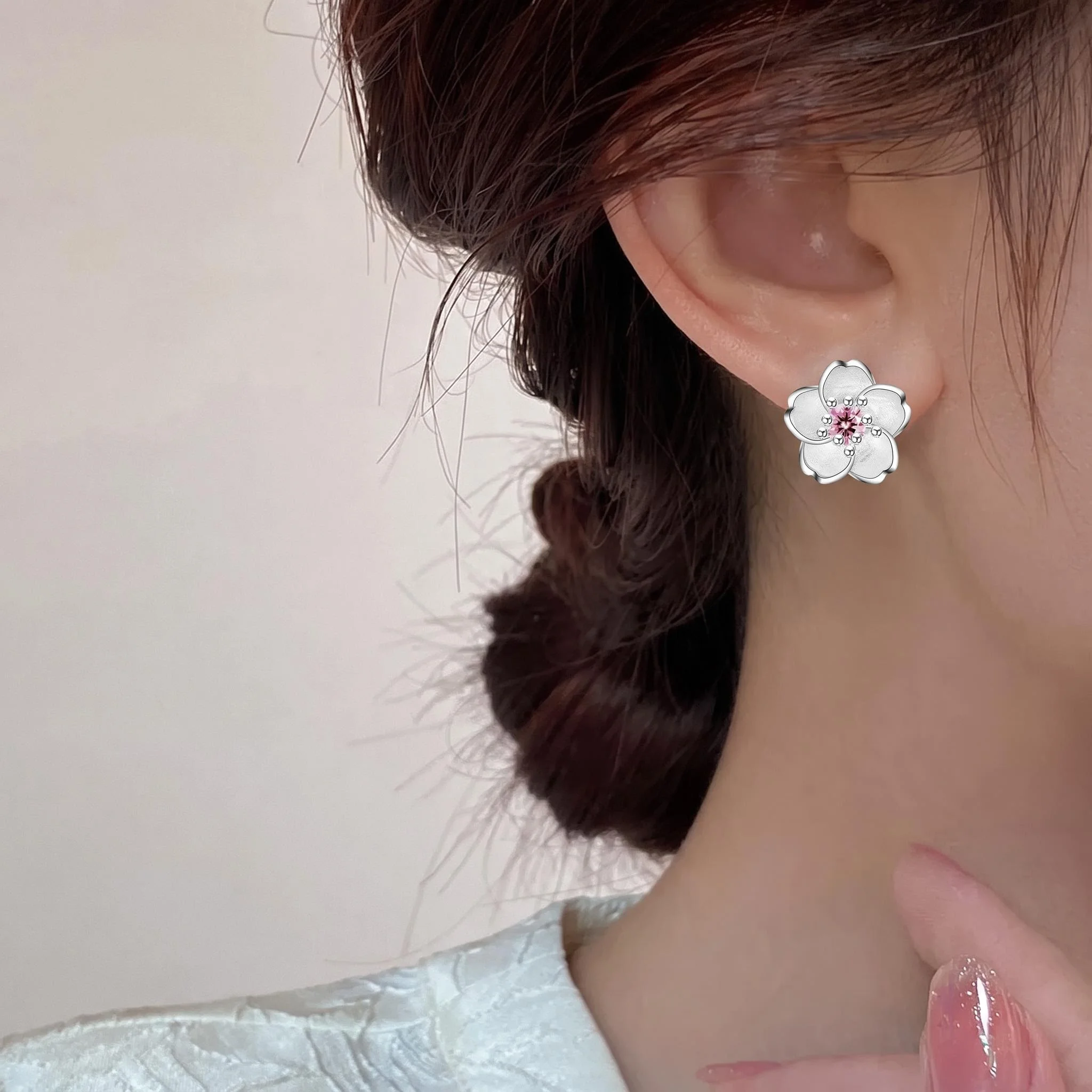 925 Silver pink flowers Stud Earrings Zircon Small Earrings For Women Girls Lovely Jewelry Gift